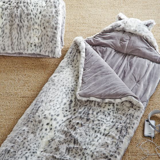 Faux Fur Girls Sleeping Bag With Hood Gray Leopard Pottery